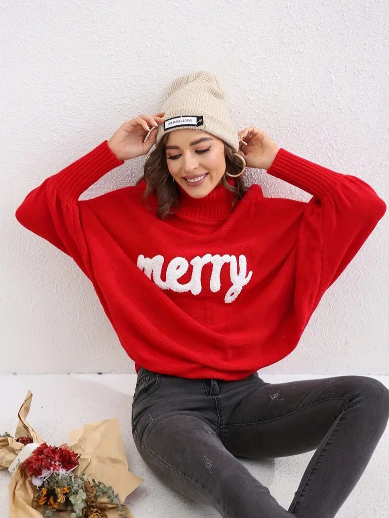 Women’s Merry Lettered Turtleneck Balloon Sleeve Sweater