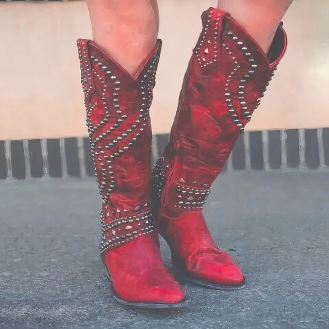 Trendy High Heel Boots - Faux Leather - Metal Buckle Detail
