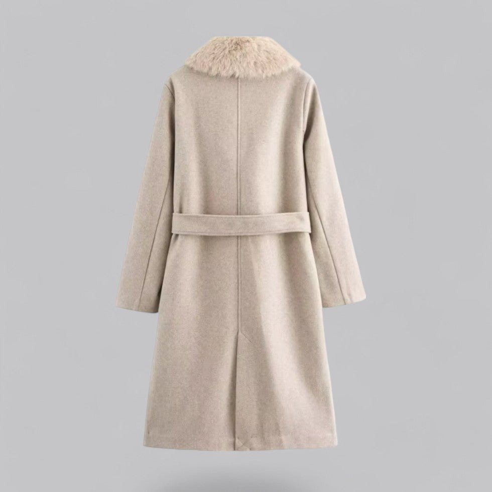 Women’s Beige Double-Breasted Trench Coat with Faux Fur Collar – Belted Longline Design
