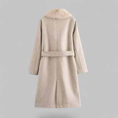 Women’s Beige Double-Breasted Trench Coat with Faux Fur Collar – Belted Longline Design