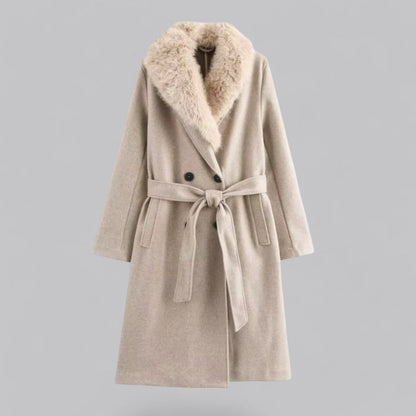 Women’s Beige Double-Breasted Trench Coat with Faux Fur Collar – Belted Longline Design
