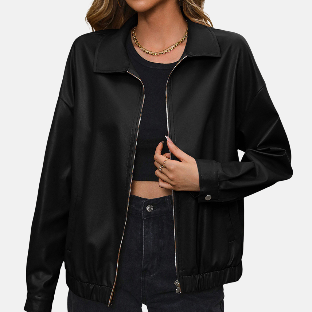 Women’s Biker Jacket – PU Leather – Relaxed Fit – Cropped – Zipper – Press Stud Cuffs