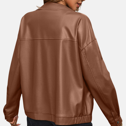 Women’s Biker Jacket – PU Leather – Relaxed Fit – Cropped – Zipper – Press Stud Cuffs