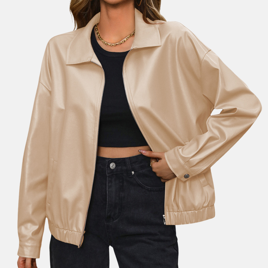 Women’s Biker Jacket – PU Leather – Relaxed Fit – Cropped – Zipper – Press Stud Cuffs