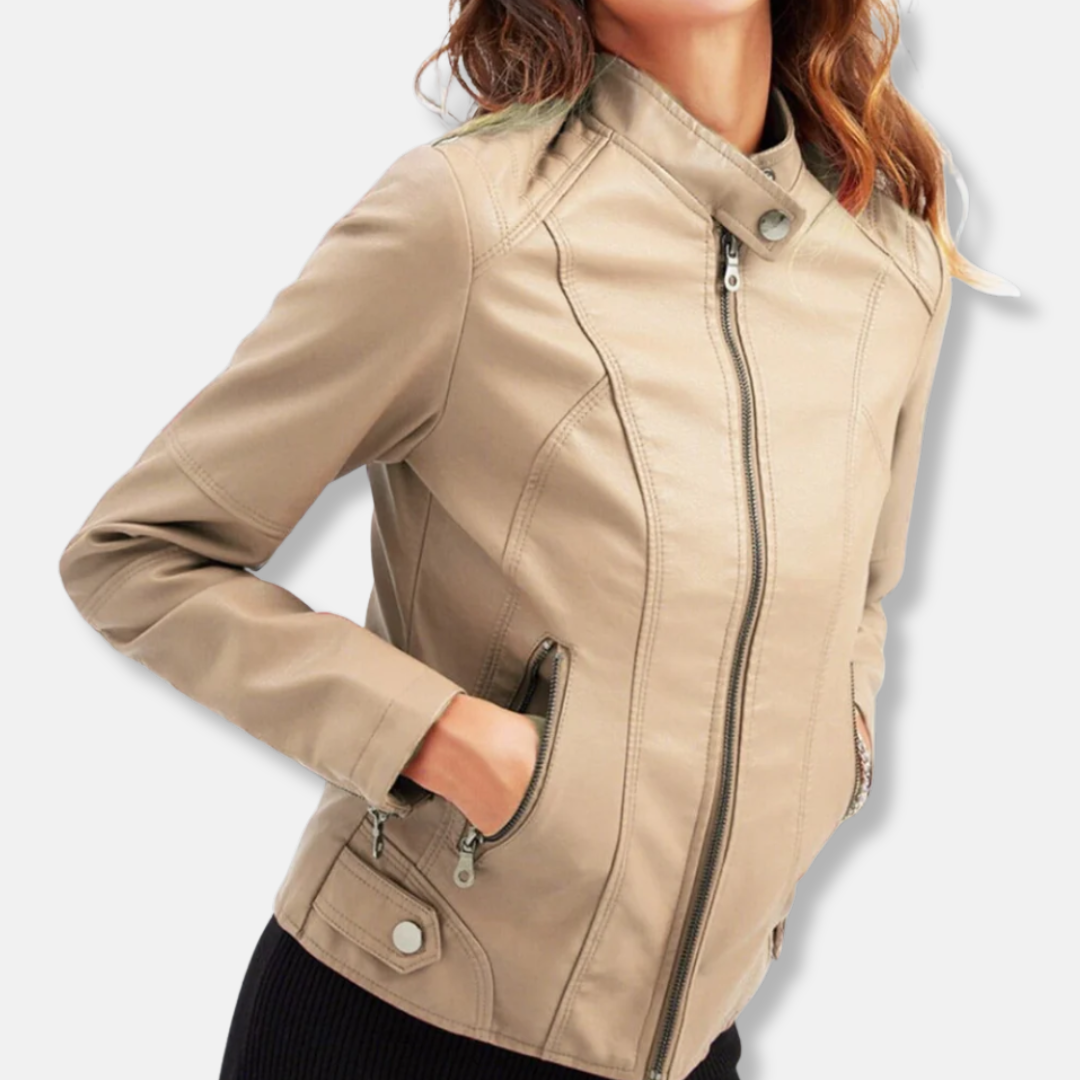 Women’s Biker Jacket – Tailored Fit – Stand Collar – Zipped Pockets – Waist Length