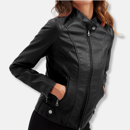 Women’s Biker Jacket – Tailored Fit – Stand Collar – Zipped Pockets – Waist Length