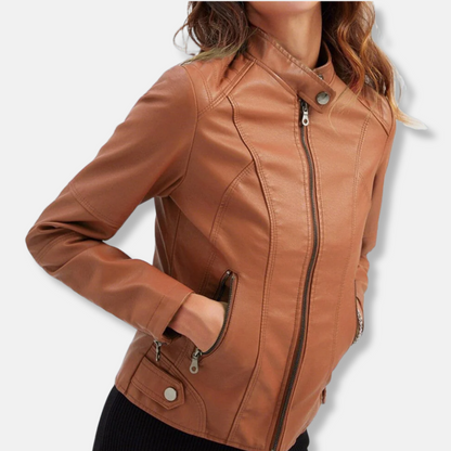 Women’s Biker Jacket – Tailored Fit – Stand Collar – Zipped Pockets – Waist Length