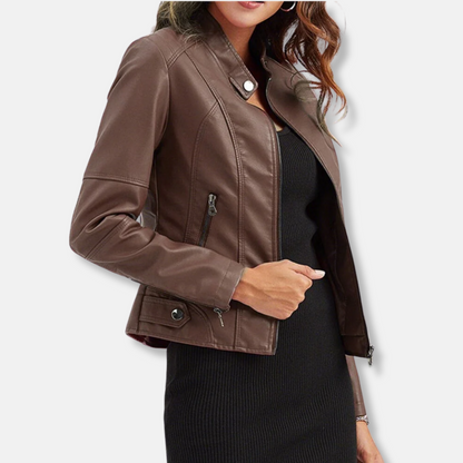 Women’s Biker Jacket – Tailored Fit – Stand Collar – Zipped Pockets – Waist Length