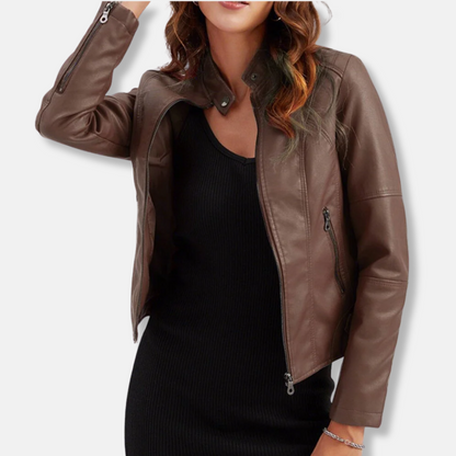 Women’s Biker Jacket – Tailored Fit – Stand Collar – Zipped Pockets – Waist Length