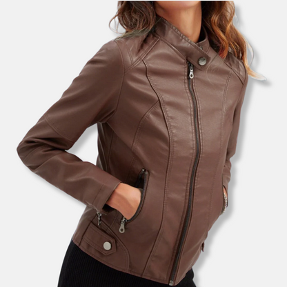 Women’s Biker Jacket – Tailored Fit – Stand Collar – Zipped Pockets – Waist Length