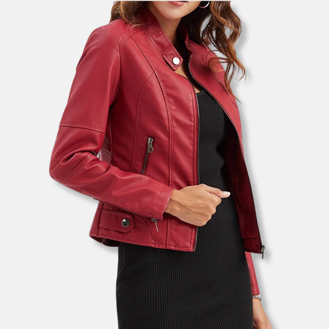 Women’s Biker Jacket – Tailored Fit – Stand Collar – Zipped Pockets – Waist Length