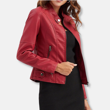 Women’s Biker Jacket – Tailored Fit – Stand Collar – Zipped Pockets – Waist Length