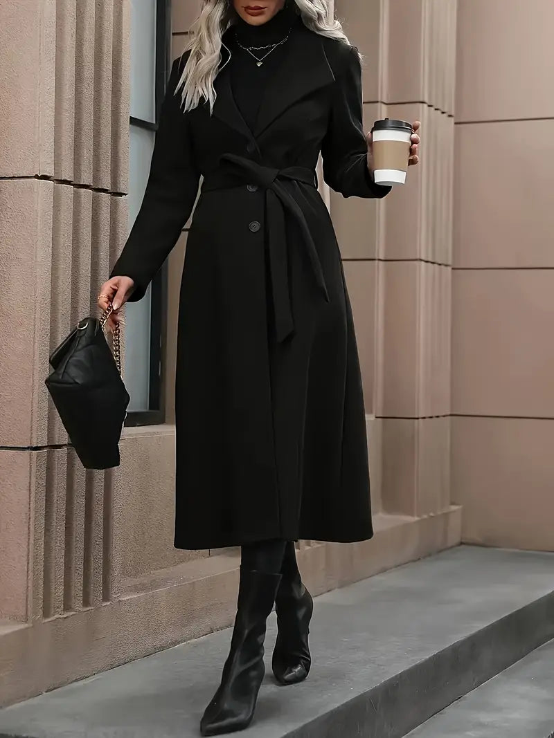Women’s Black Belted Long Trench Coat – Elegant Tailored Fit for Autumn & Winter