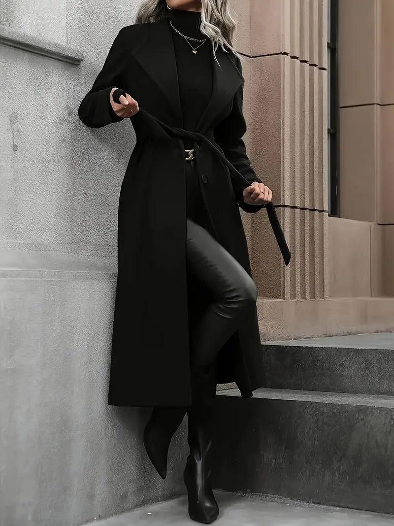 Women’s Black Belted Long Trench Coat – Elegant Tailored Fit for Autumn & Winter