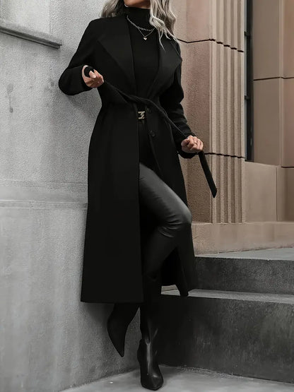Women’s Black Belted Long Trench Coat – Elegant Tailored Fit for Autumn & Winter