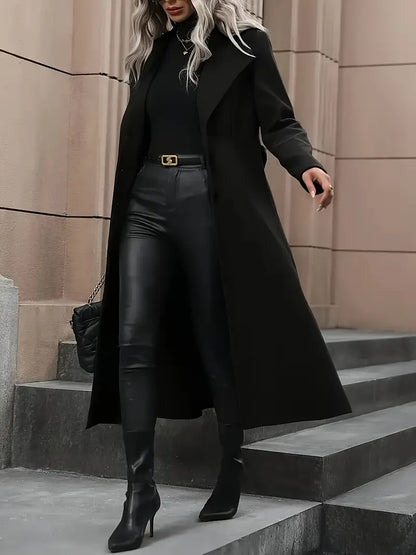 Women’s Black Belted Long Trench Coat – Elegant Tailored Fit for Autumn & Winter