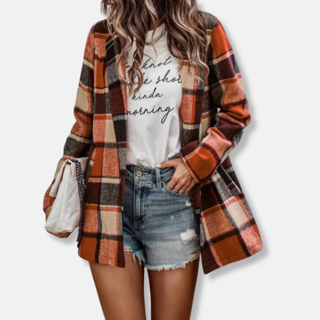 Women’s Cardigan Coat – Oversized Fit – Wool Feel – Plaid Print – Open Front – Long Sleeve
