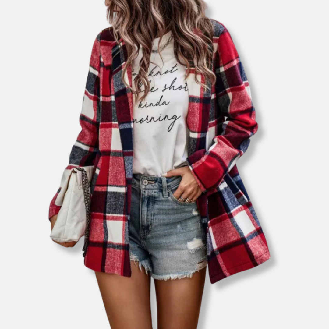 Women’s Cardigan Coat – Oversized Fit – Wool Feel – Plaid Print – Open Front – Long Sleeve