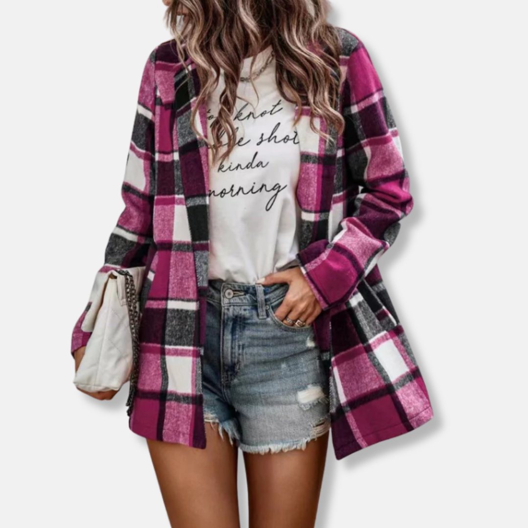 Women’s Cardigan Coat – Oversized Fit – Wool Feel – Plaid Print – Open Front – Long Sleeve