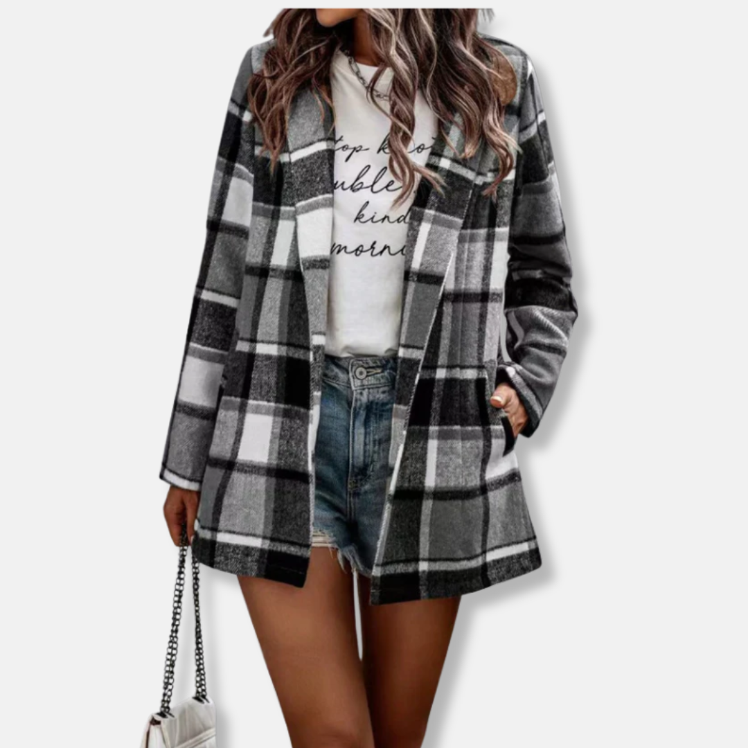Women’s Cardigan Coat – Oversized Fit – Wool Feel – Plaid Print – Open Front – Long Sleeve