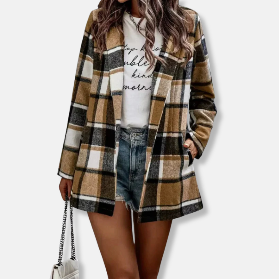Women’s Cardigan Coat – Oversized Fit – Wool Feel – Plaid Print – Open Front – Long Sleeve