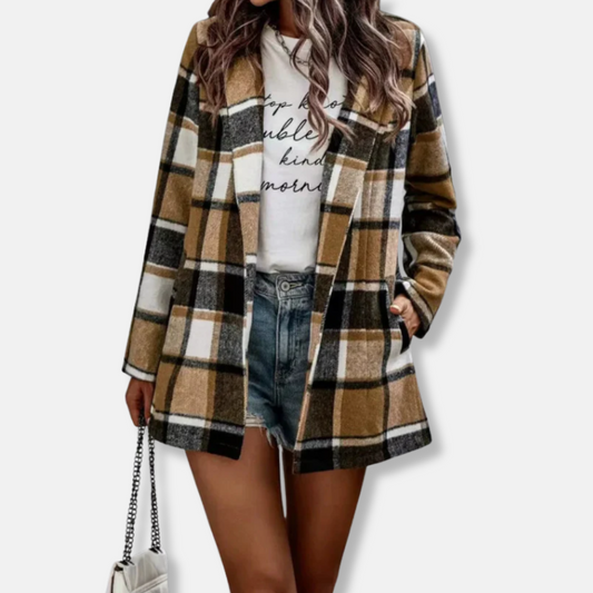Women’s Cardigan Coat – Oversized Fit – Wool Feel – Plaid Print – Open Front – Long Sleeve