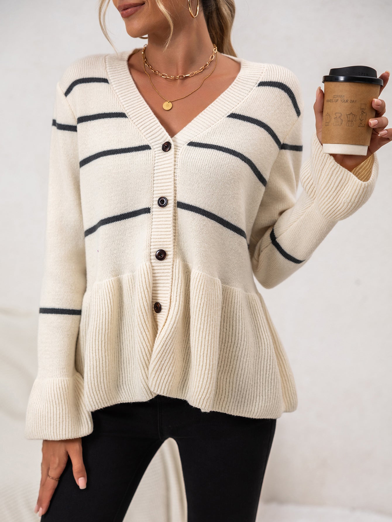 Women’s Cardigan – Loose Fit – V-Neck – Button Front – Peplum Hem – Ribbed Trim