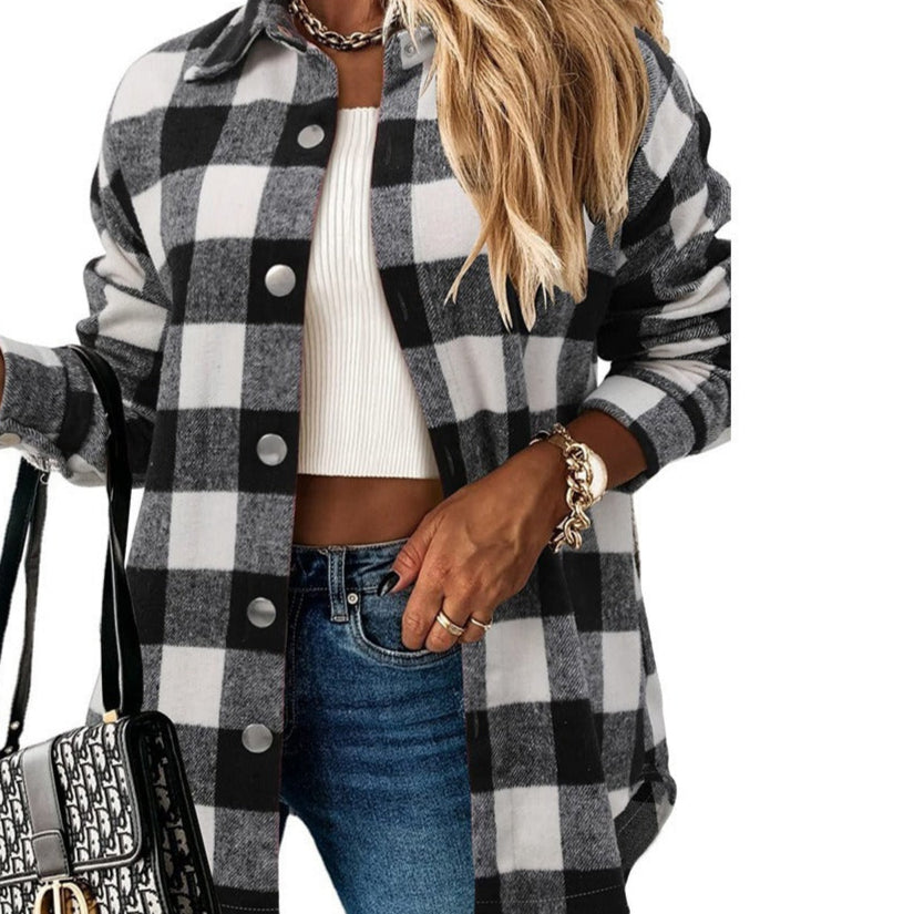 Women’s Cardigan – Oversized Fit – Check Pattern – Button Front – Soft Cotton Feel