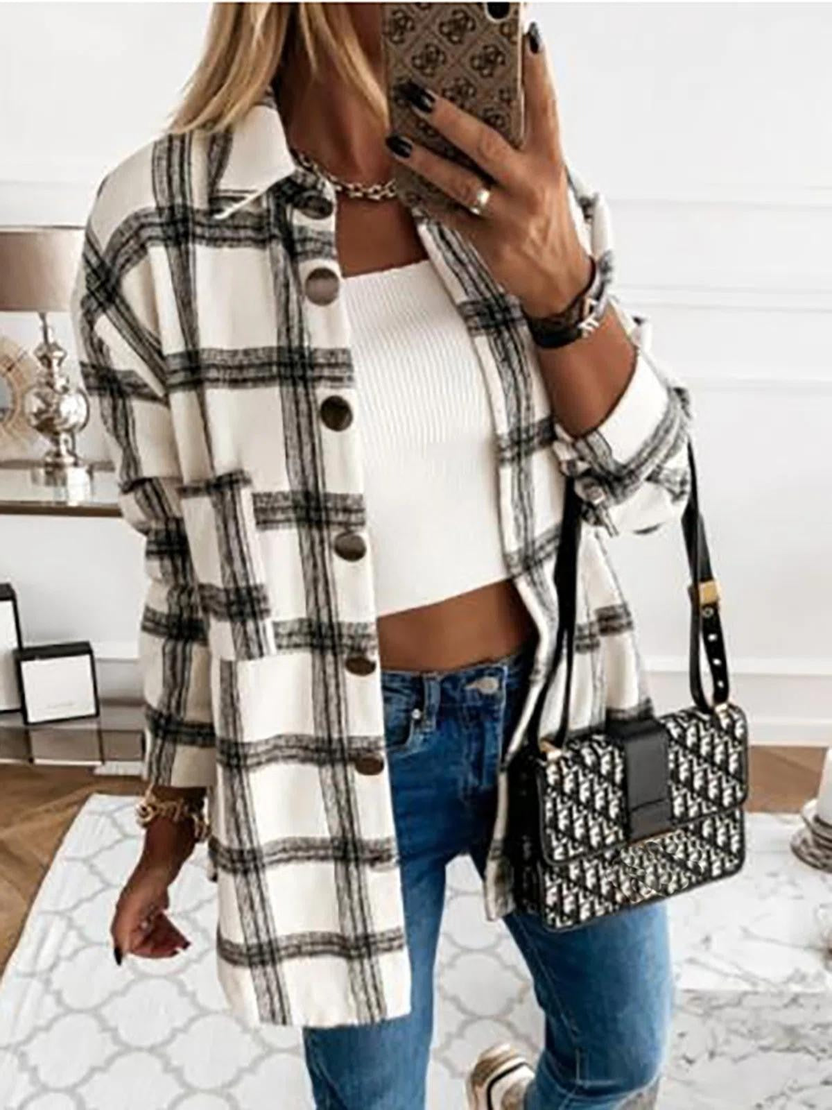 Women’s Cardigan – Oversized Fit – Check Pattern – Button Front – Soft Cotton Feel