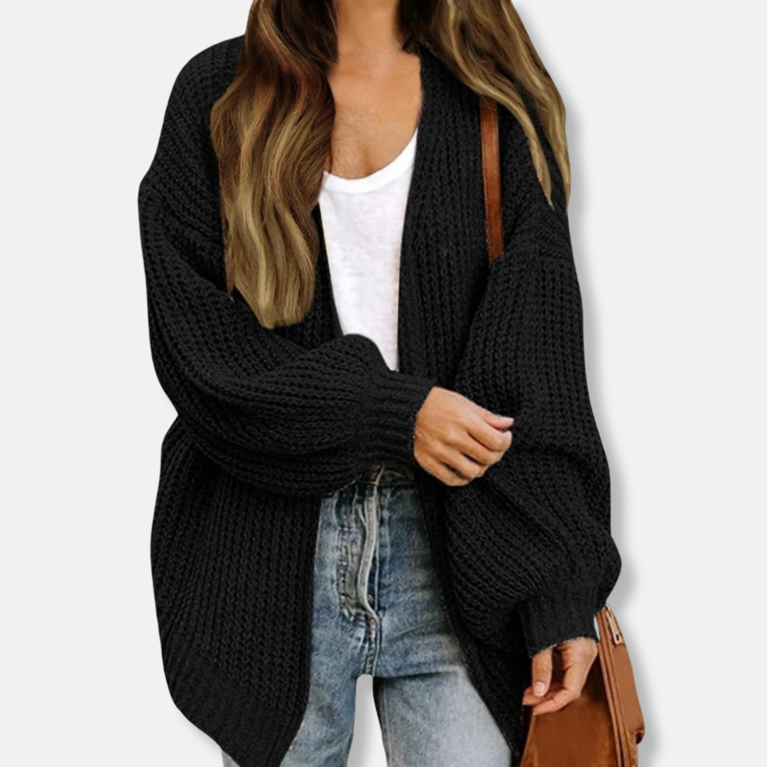 Women’s Cardigan – Oversized Fit – Chunky Knit – Open Front – Lantern Sleeves – Wool Blend