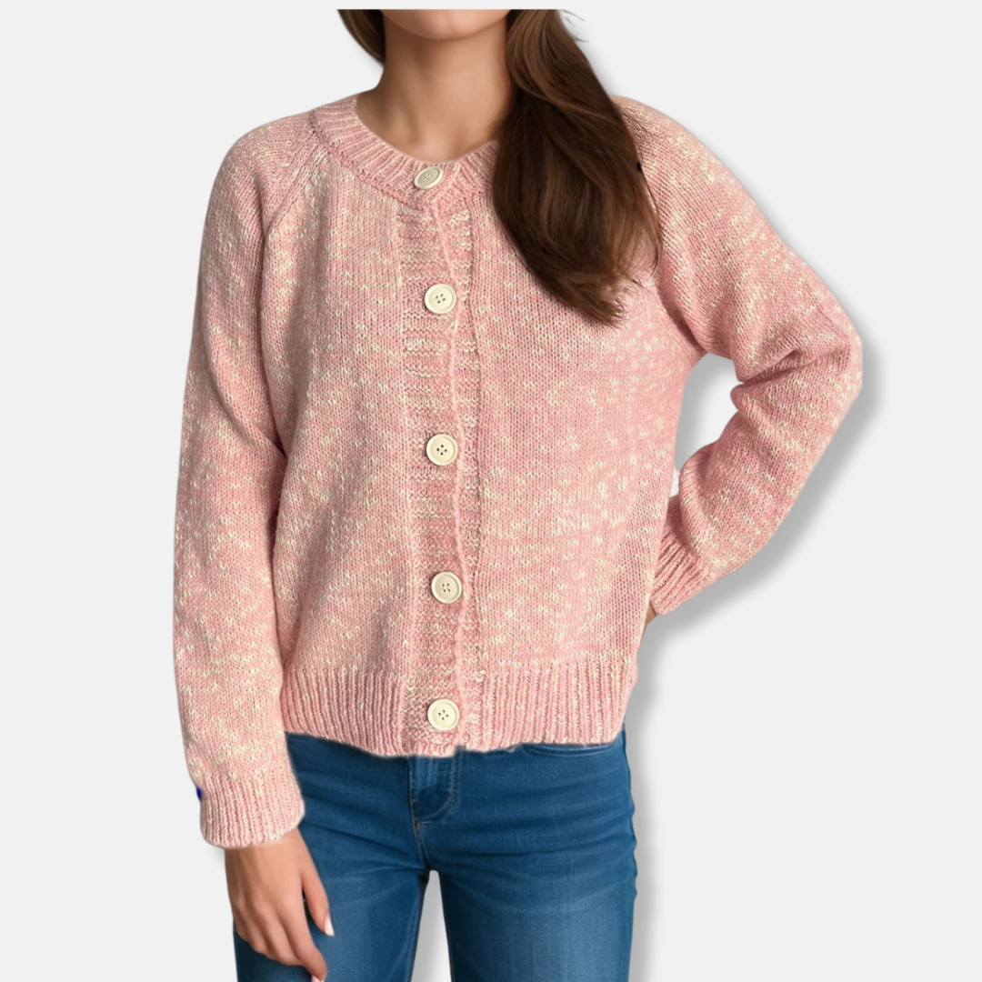 Women’s Cardigan – Relaxed Fit – Marled Knit – Ribbed Edges – Cropped Length – Button Front