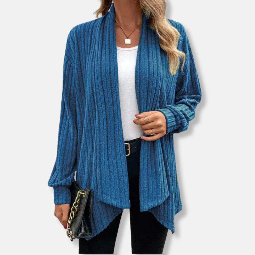 Women’s Cardigan – Ribbed Knit – Relaxed Fit – Draped Open Front – Asymmetrical Hem