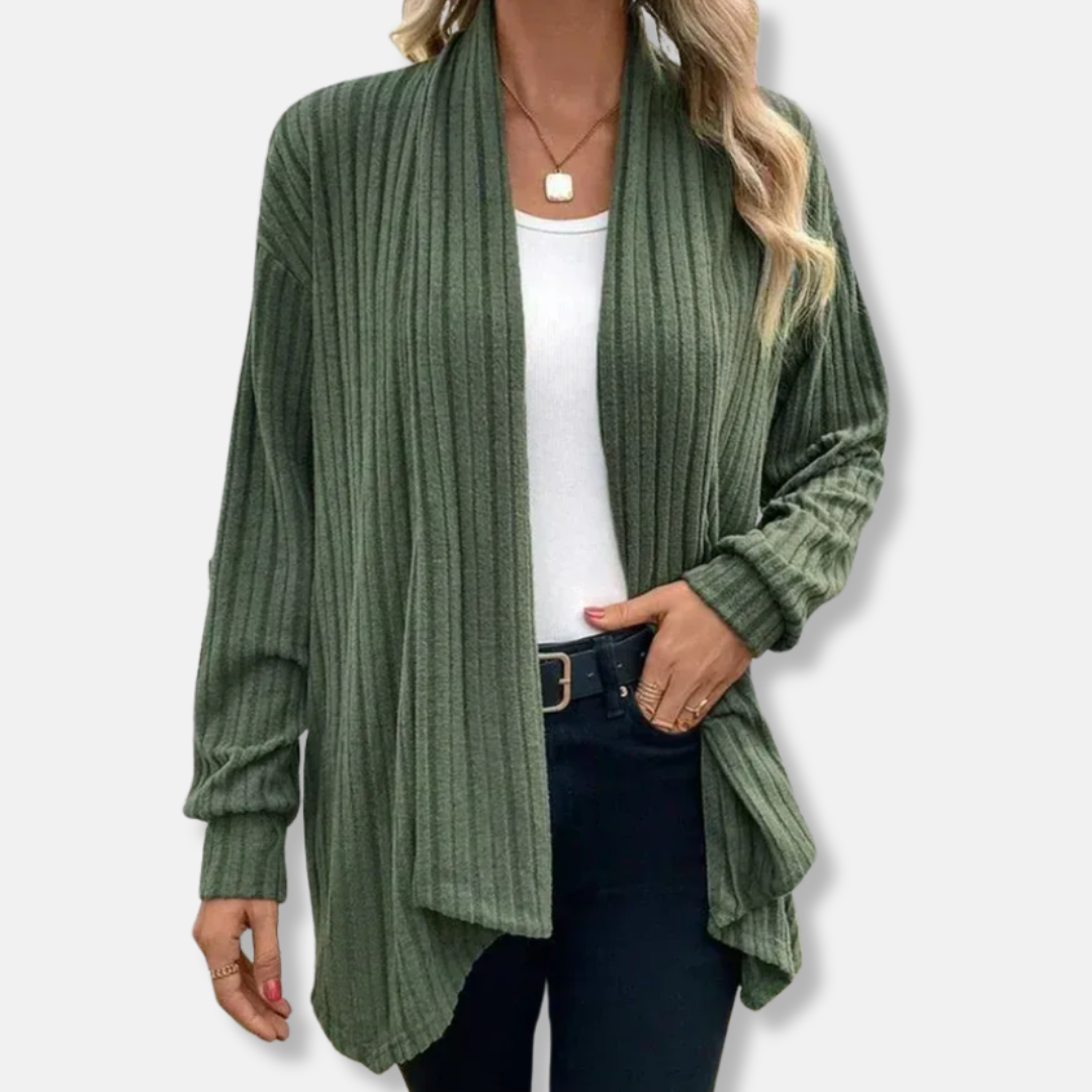 Women’s Cardigan – Ribbed Knit – Relaxed Fit – Draped Open Front – Asymmetrical Hem
