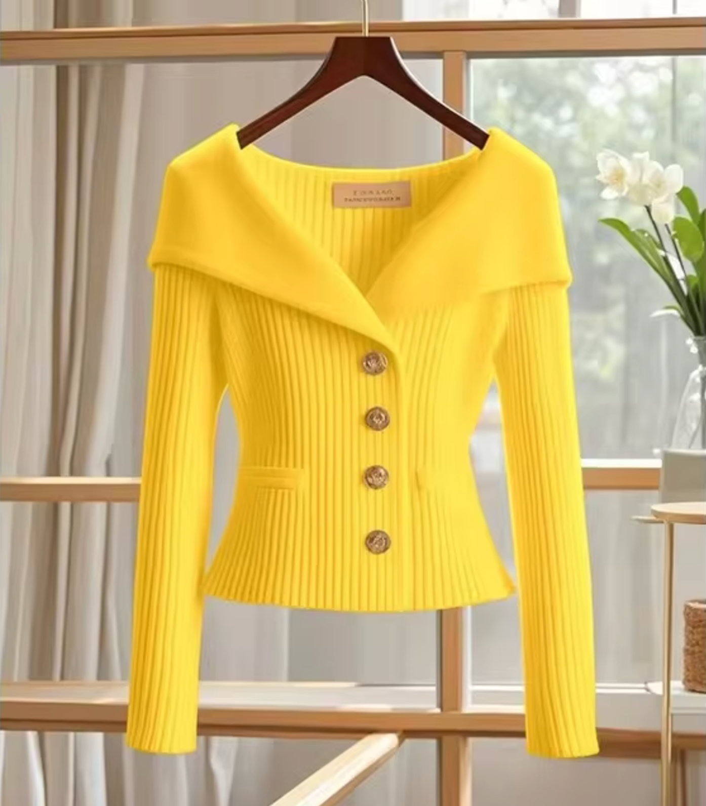 Women’s Cardigan – Tailored Fit – Soft Ribbed Knit – Wide Collar – Button Front