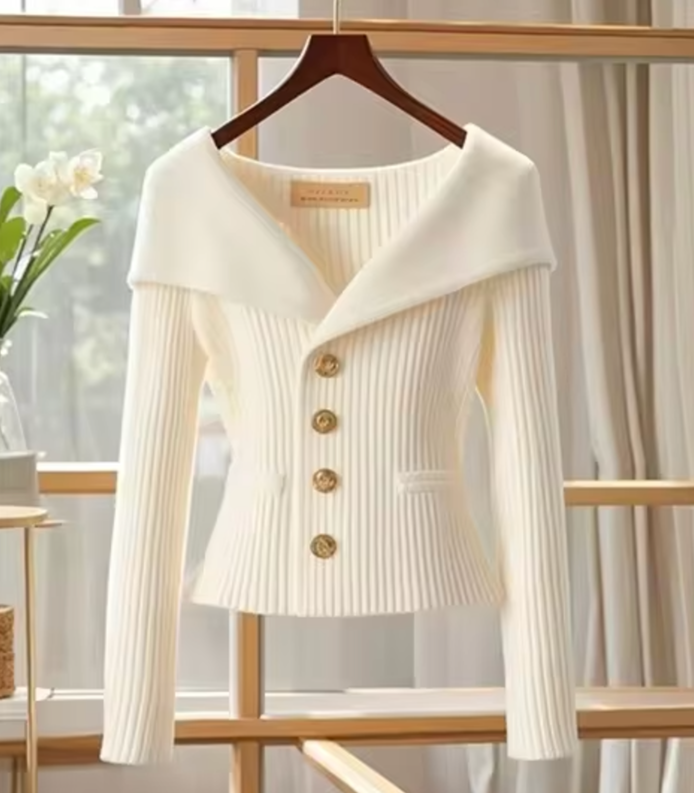 Women’s Cardigan – Tailored Fit – Soft Ribbed Knit – Wide Collar – Button Front