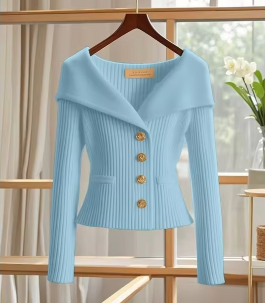 Women’s Cardigan – Tailored Fit – Soft Ribbed Knit – Wide Collar – Button Front