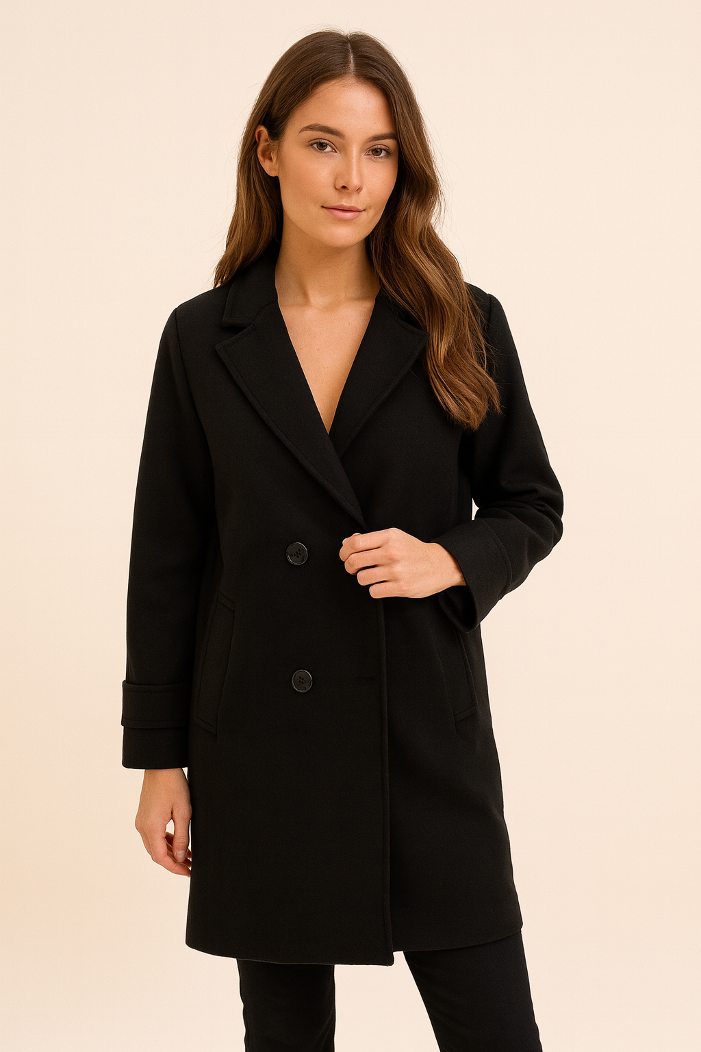 Women’s Double-Breasted Long Coat with Wide Lapels – Smart Casual and Formal