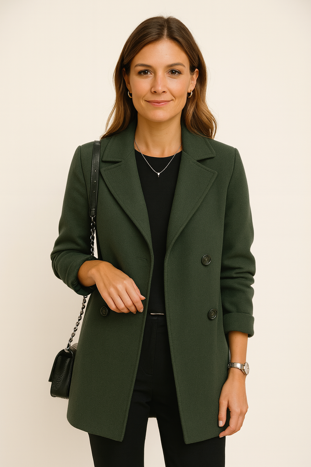 Women’s Double-Breasted Long Coat with Wide Lapels – Smart Casual and Formal
