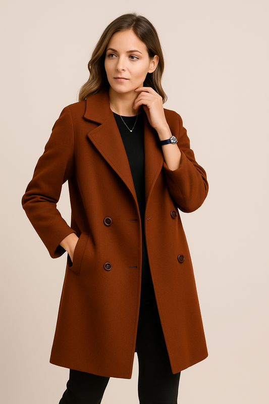 Women’s Double-Breasted Long Coat with Wide Lapels – Smart Casual and Formal