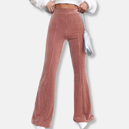 Women’s Flared Trousers – High Waist Pull-On Fit – Velour Feel – Ribbed Texture