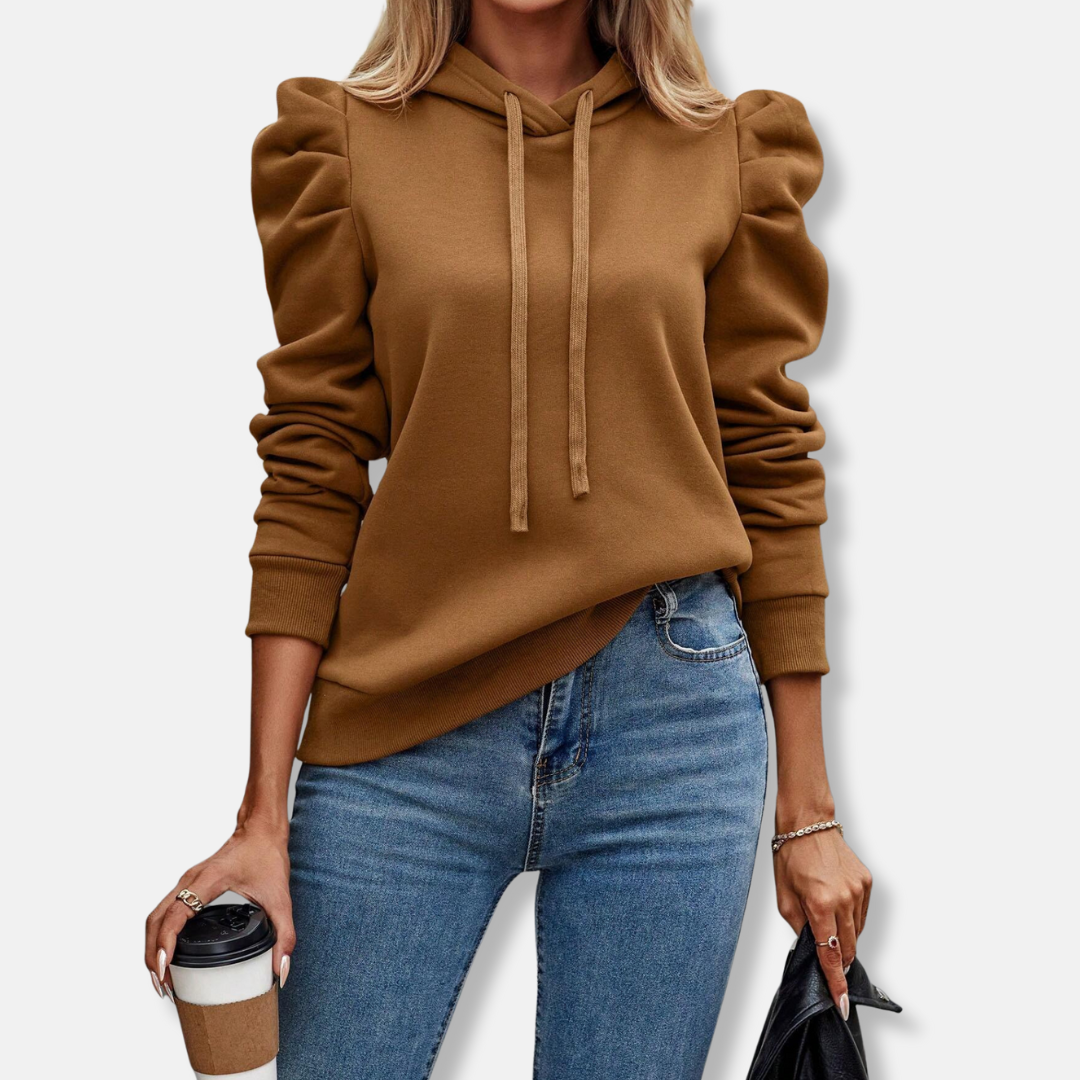 Women’s Hooded Top – Relaxed Fit – Puff Sleeves – Ribbed Hem – Drawstring Hood