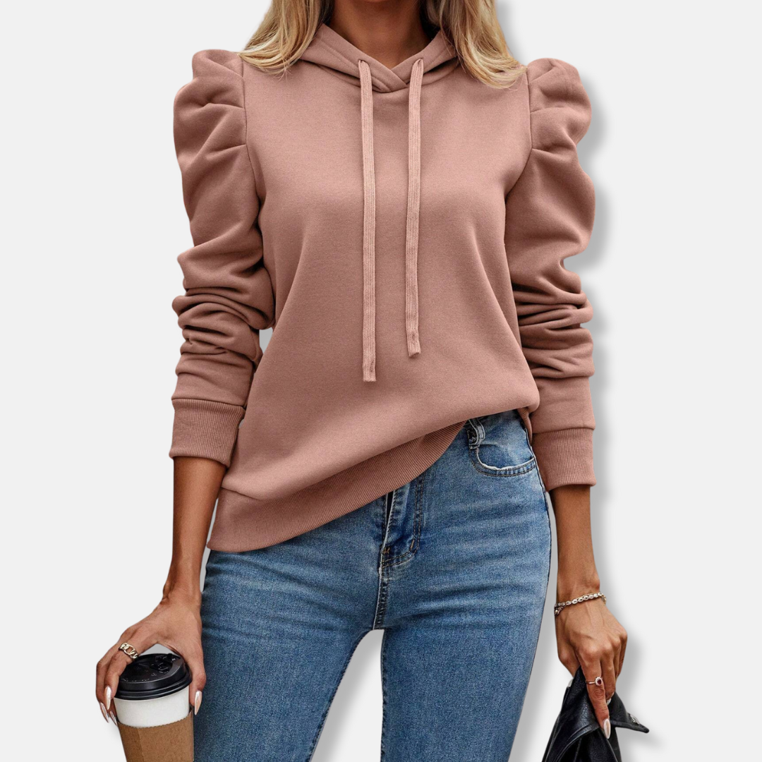 Women’s Hooded Top – Relaxed Fit – Puff Sleeves – Ribbed Hem – Drawstring Hood