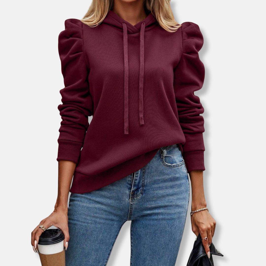 Women’s Hooded Top – Relaxed Fit – Puff Sleeves – Ribbed Hem – Drawstring Hood