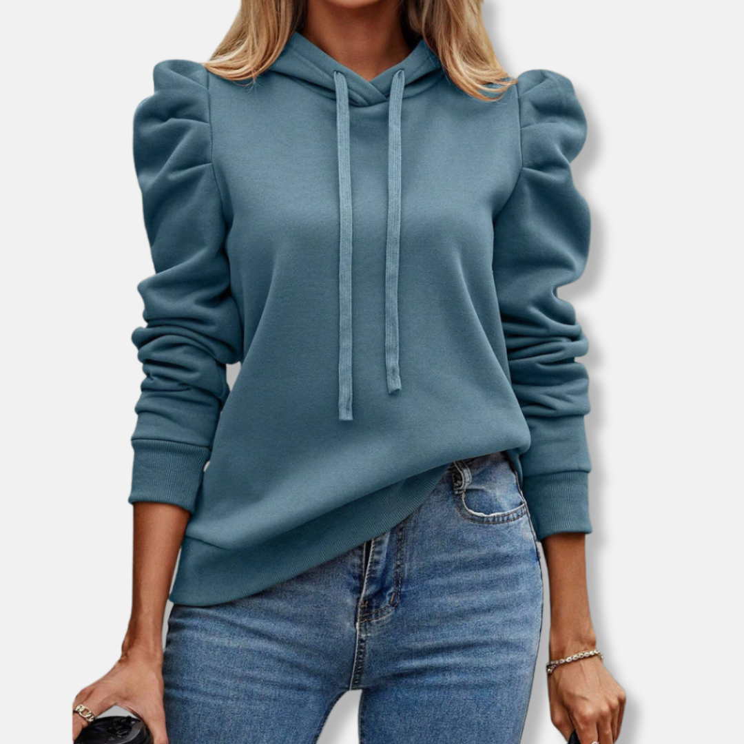 Women’s Hooded Top – Relaxed Fit – Puff Sleeves – Ribbed Hem – Drawstring Hood