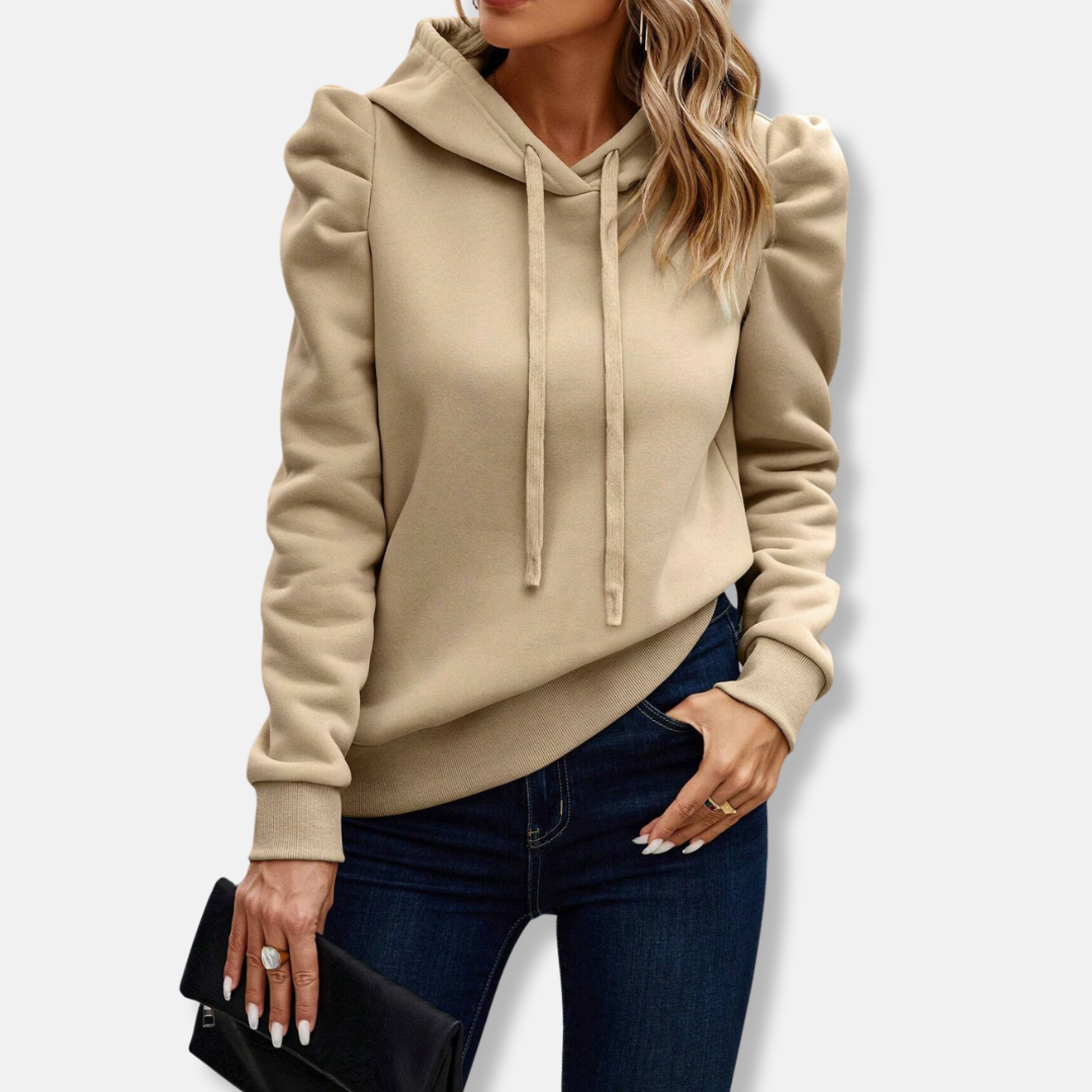 Women’s Hooded Top – Relaxed Fit – Puff Sleeves – Ribbed Hem – Drawstring Hood