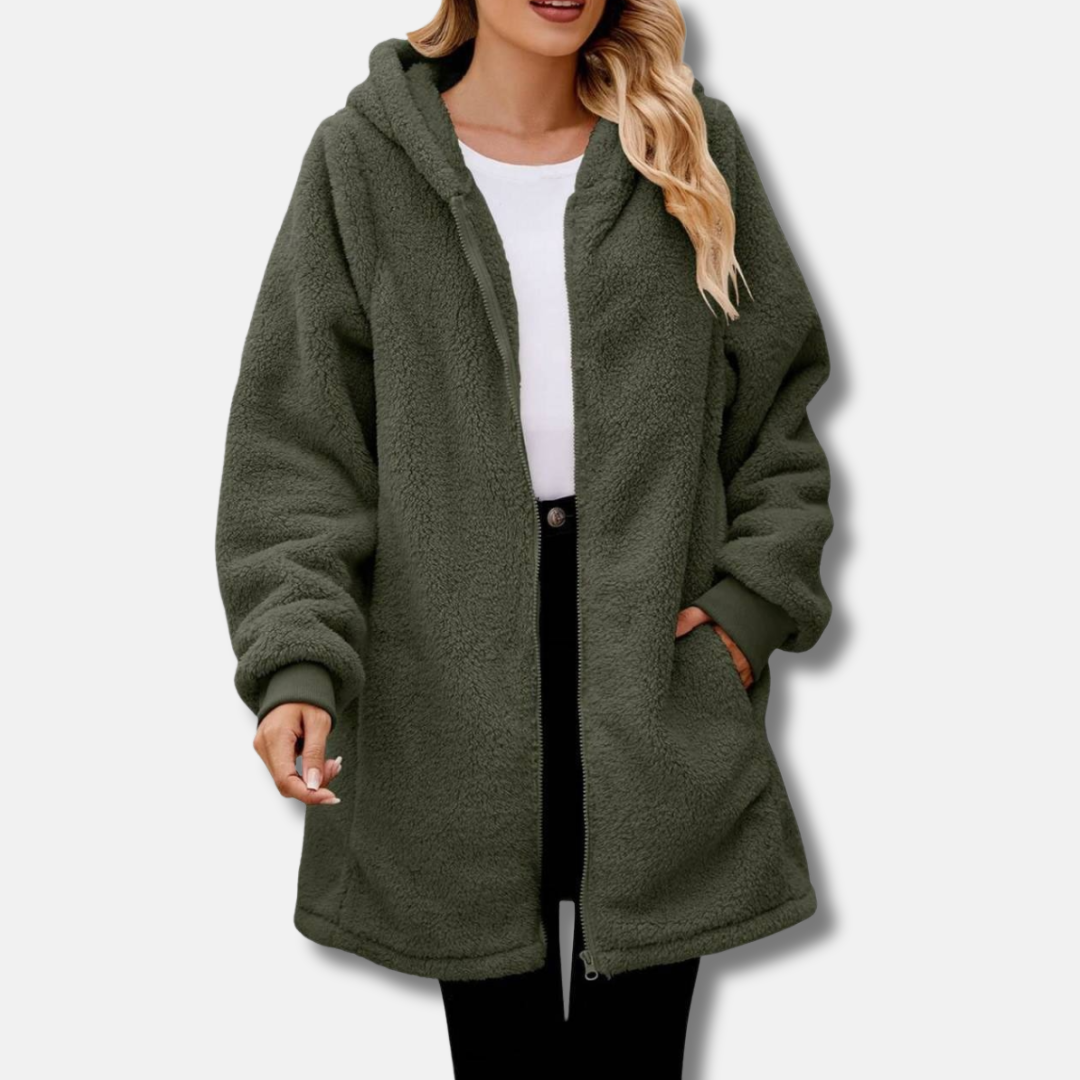 Women’s Hooded Zipper Jacket – Plush Oversized Fit – Ribbed Cuffs – Front Pockets