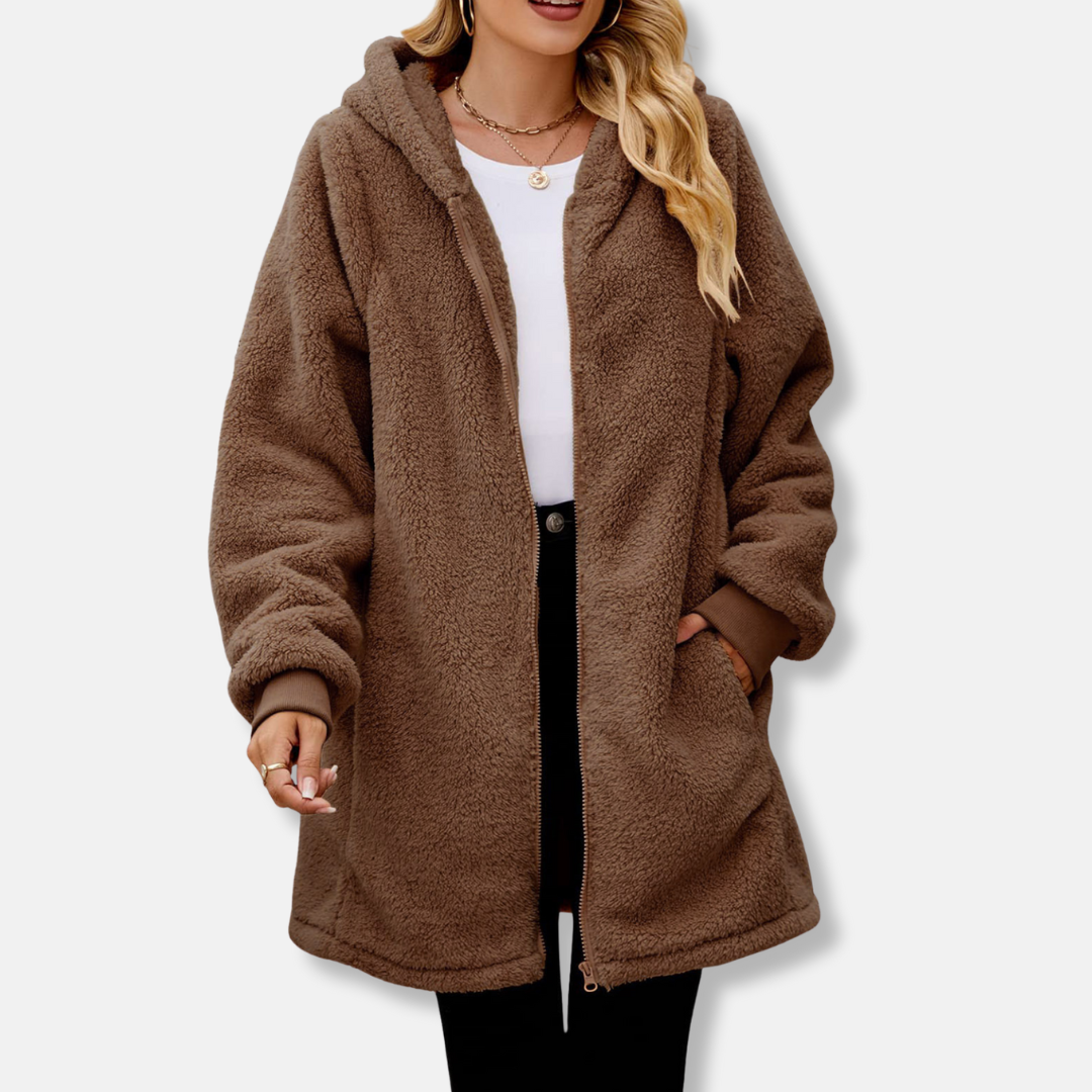 Women’s Hooded Zipper Jacket – Plush Oversized Fit – Ribbed Cuffs – Front Pockets