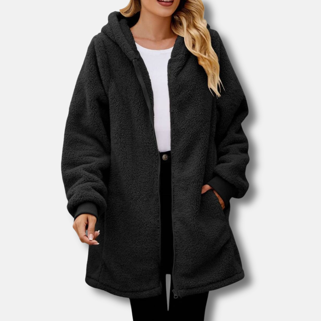 Women’s Hooded Zipper Jacket – Plush Oversized Fit – Ribbed Cuffs – Front Pockets