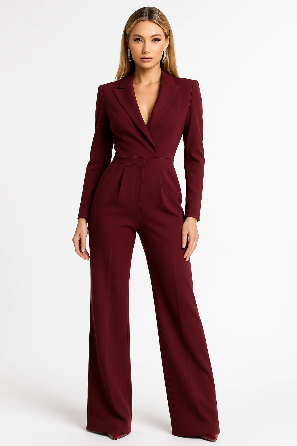 Women’s Jumpsuit – Tailored Fit – V-Neck – Long Sleeve – Wide Leg Elegant Style
