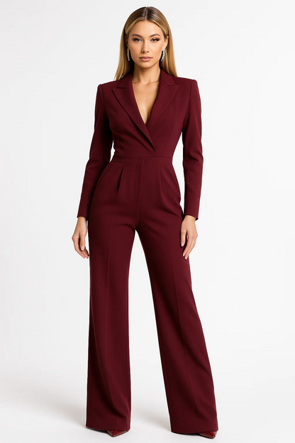 Women’s Jumpsuit – Tailored Fit – V-Neck – Long Sleeve – Wide Leg Elegant Style